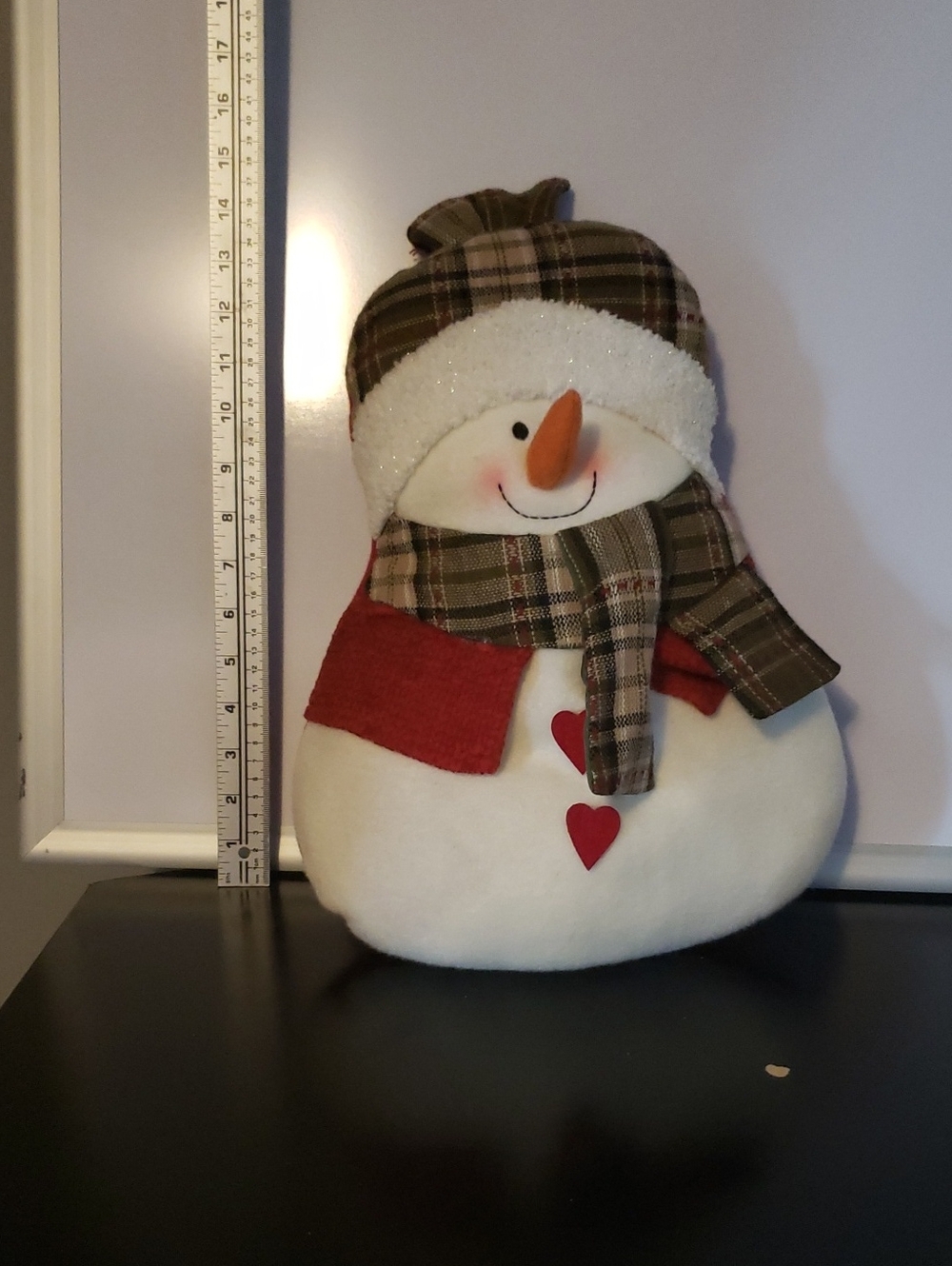 Festive Plaid Hat Snowman Plush - White, Red, and Brown